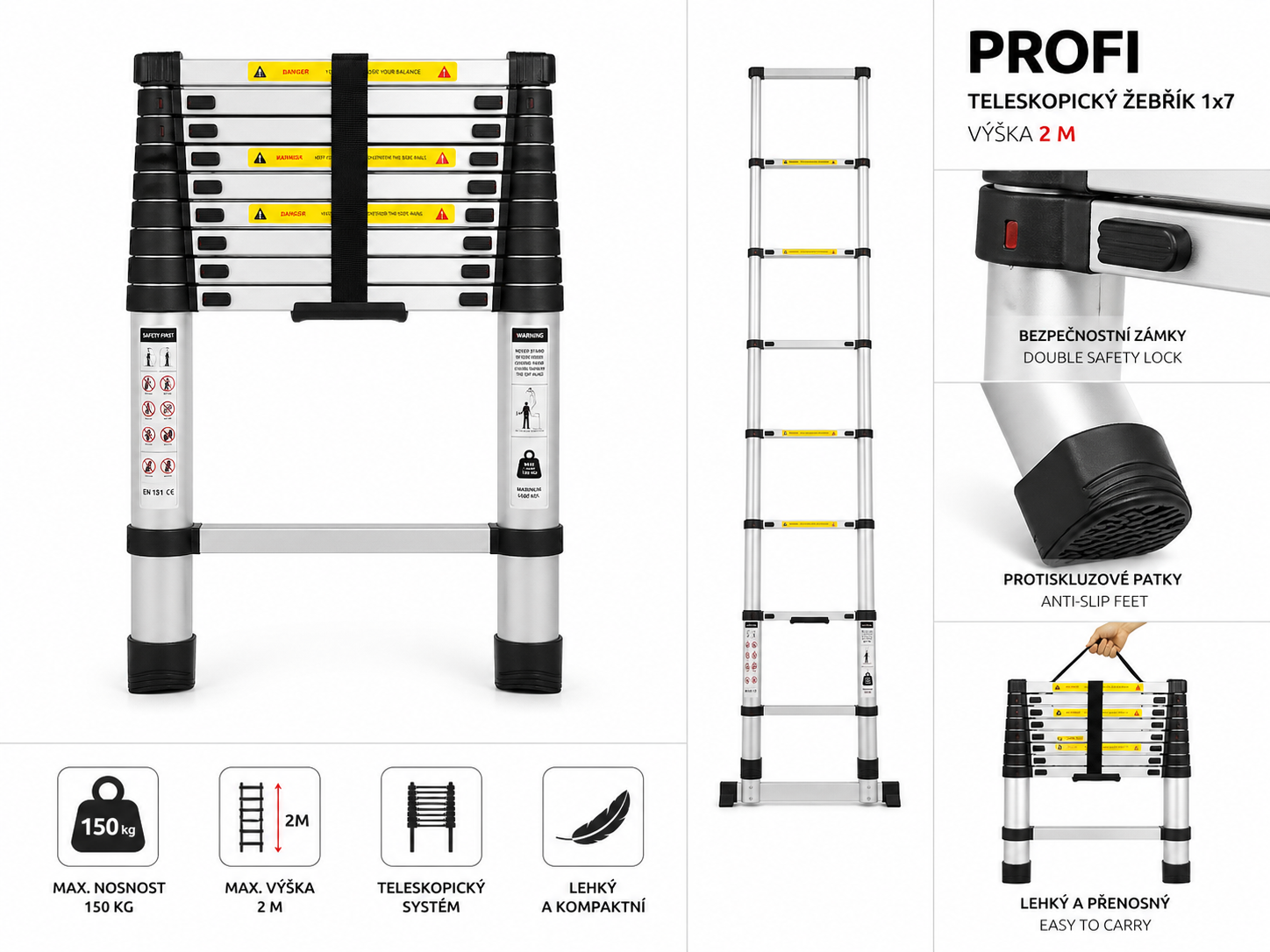 PROFI teleskopický žebřík 1x7 výška 2 m
